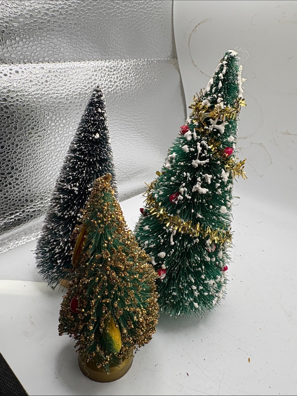 3 Decorative Green Bottle Brush Holiday Tree with Tinsel